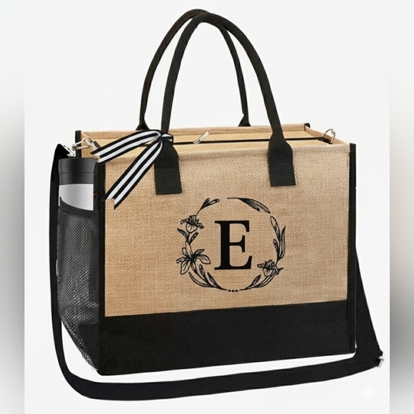 Handbags - Monogrammed Embroidered Jute Tote Bag Zipper Pocket -Personalized Gift- Letter E